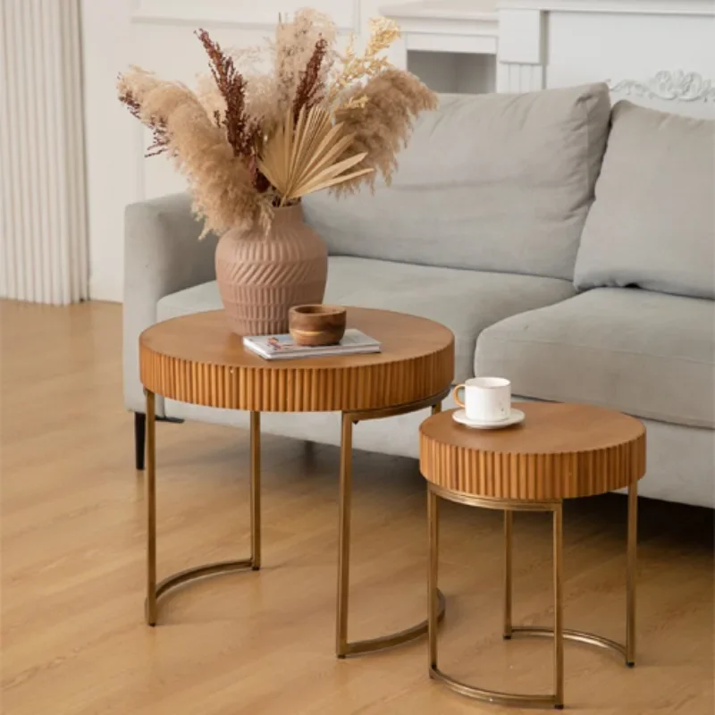 ‌Wabi-Sabi Style Side Table,Iron Coffee Table for Living Room,Minimalist Bedside Cabinet,Rustic Wooden Round Table for Balcony‌