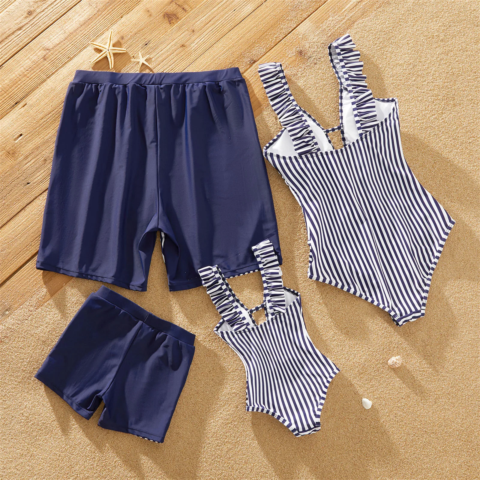 PatPat Family Matching Letter Print Splicing Striped Swim Trunks Shorts and Ruffle One-Piece Swimsuit