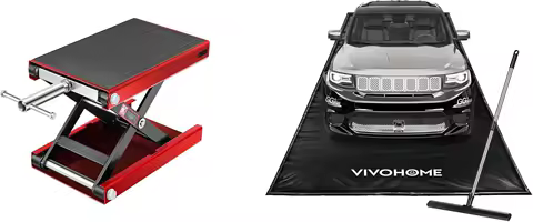 Motorcycle Lift Scissor Jack Steel Wide Deck Hoist Crank Center Stand 1100 LBS Capacity with Containment Mat (7'9" x 16') with S