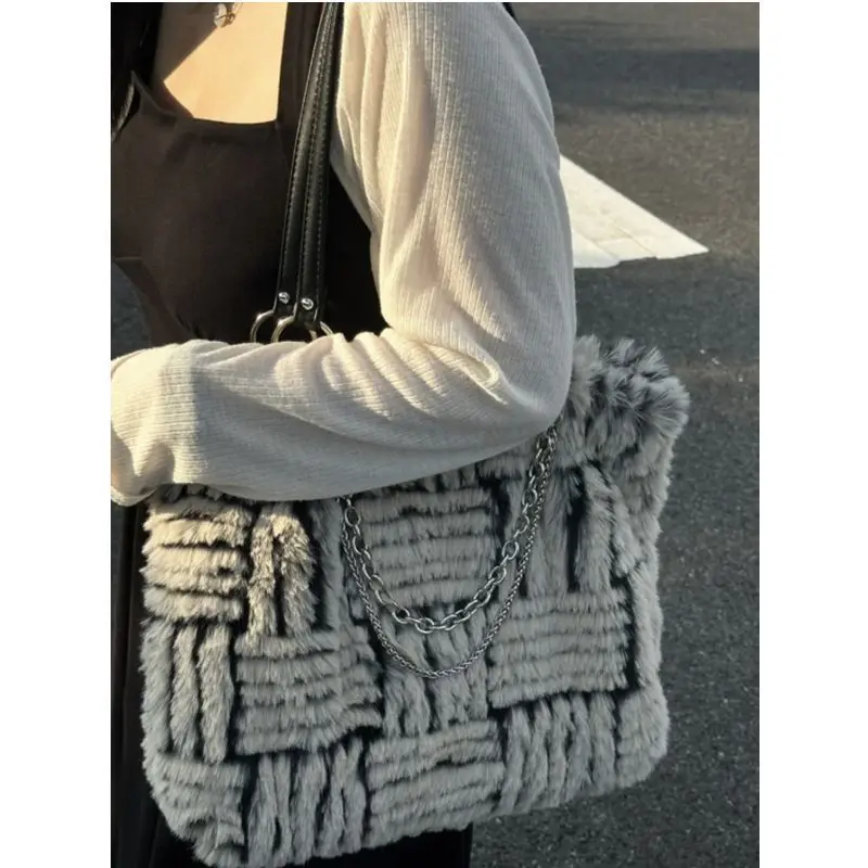 JIAERDI Vintage Plush Handbag Women New Fur Chain Large Capacity Shoulder Tote Bag Female Harajuku Aesthetic Y2k Handbags 2023