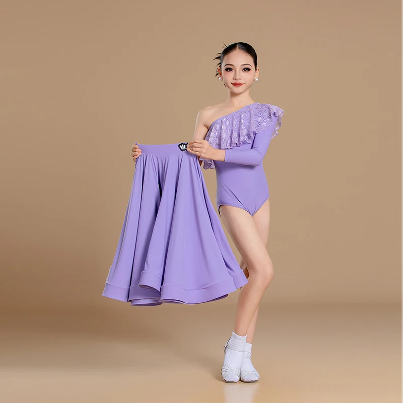 Sukienka do tańca nowoczesnego z jednym rękawem dla dziewczynek, sukienka do tańca latynoamerykańskiego z falbankami, kostiumy konkursowe do walca i tańca towarzyskiego dla dzieci XS10456