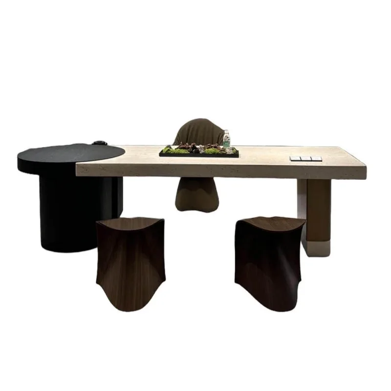 

Modern light luxury travertine balcony tea table New solid wood tea table