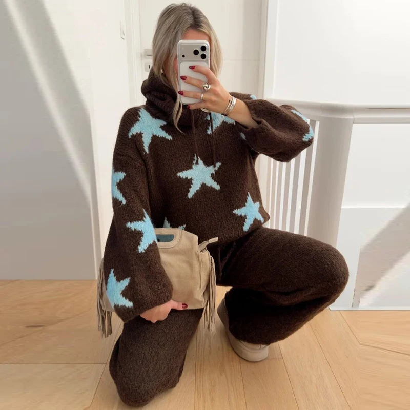 Vintage Soft Fuzzy Knitted Top Women Pattern Star Print Jacquard Knit Sweater Turtleneck Drawstring Long Sleeve Cropped Pullover