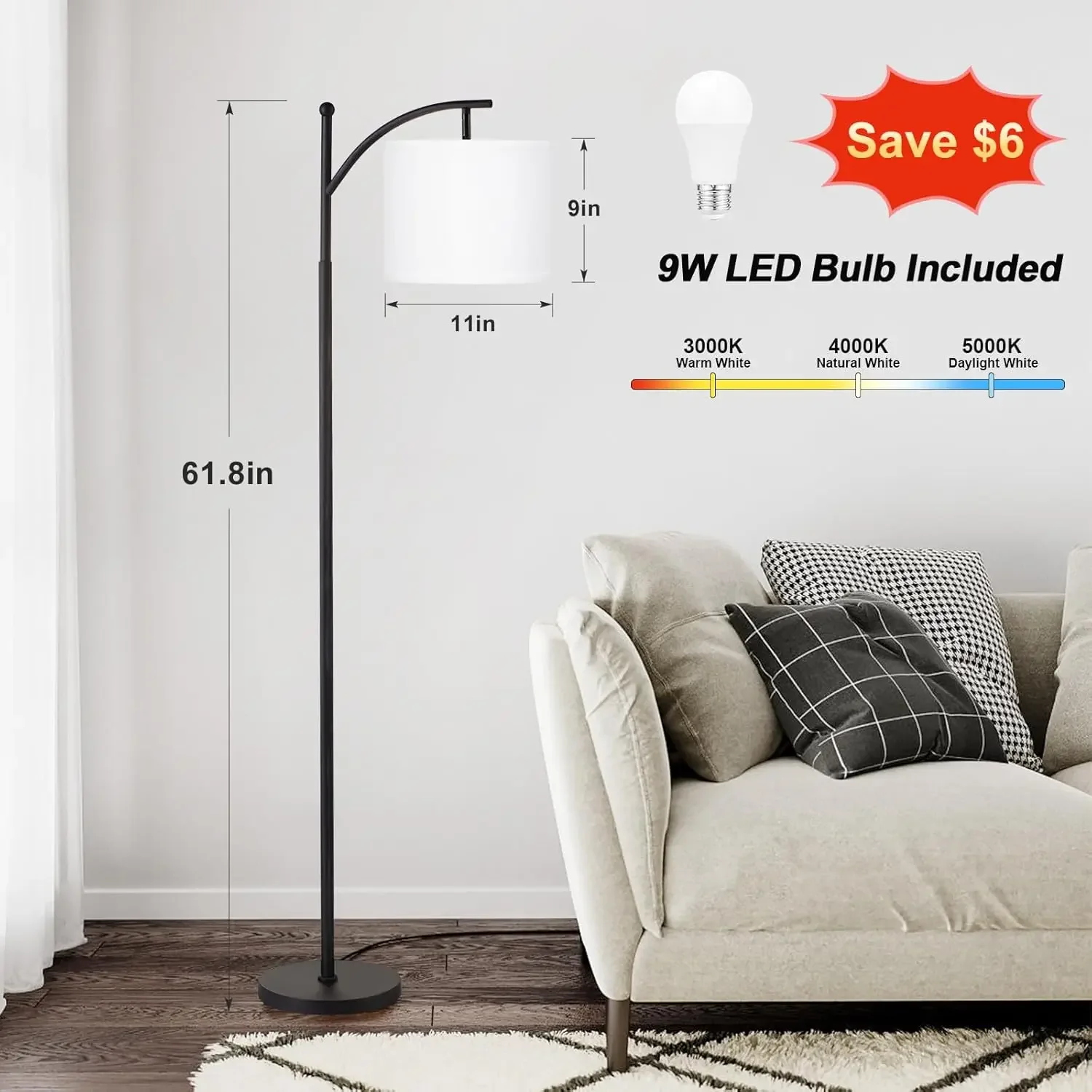 Ambimall Floor Lamps for Living Room with 3 Color Temperatures, Standing Lamp Tall with Adjustable White Shade, Tall Lamps f