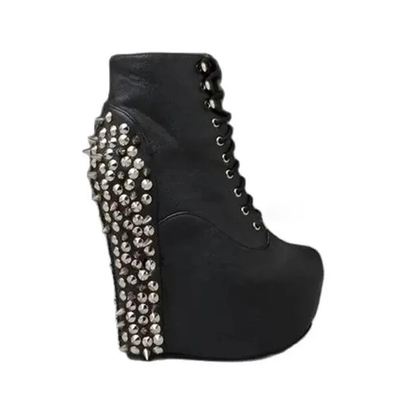 فاسق الأسود الصليب الدانتيل متابعة المسامير الظهر ترصيع حذاء من الجلد إسفين منصة مثير المسامير روك أحذية امرأة Zapatillas Mujer