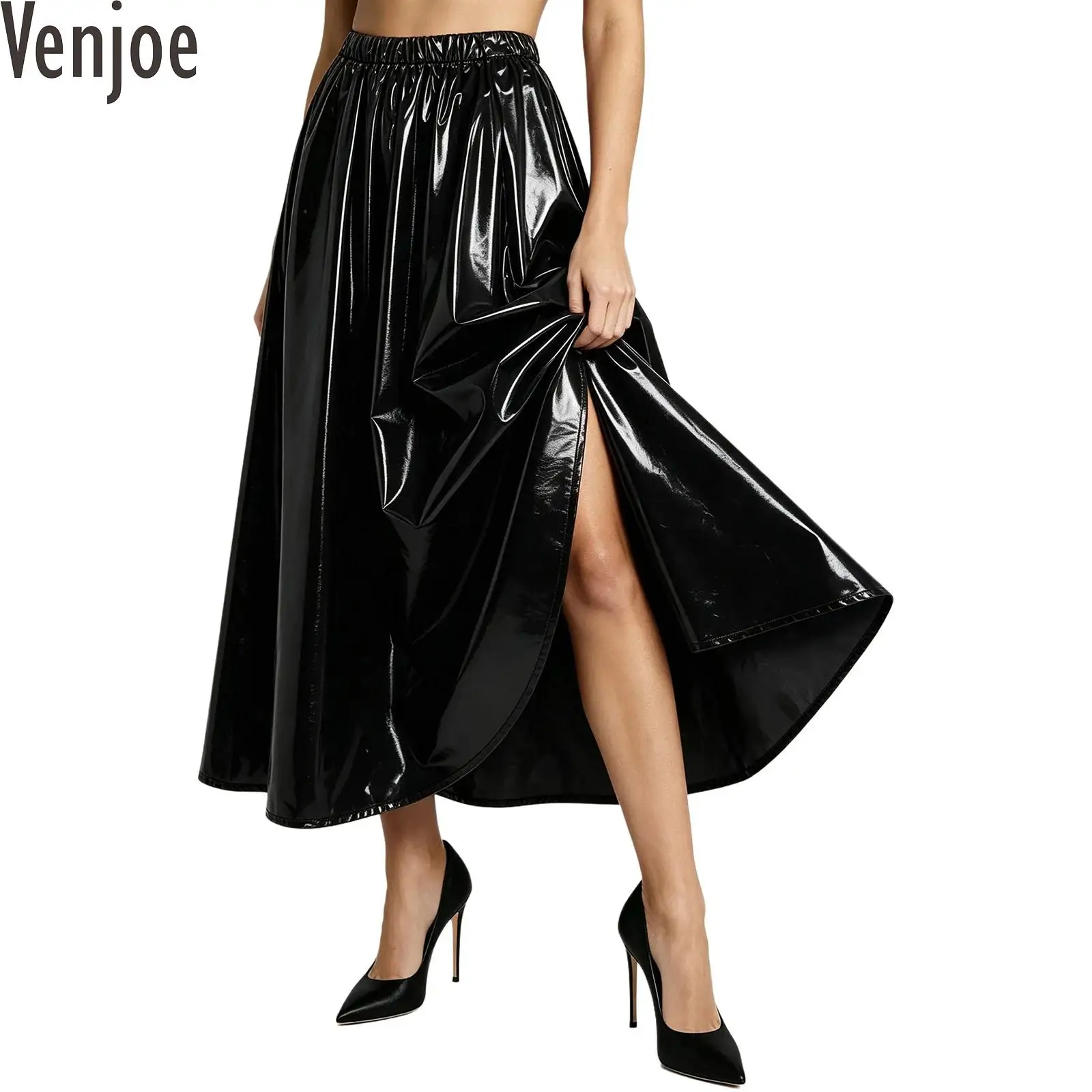 Womens Adult Waterproof Shiny Long Skirt Elastic Waist Glossy Metallic Shiny Glossy Cover-up Maxi Swing Skirt Rave Clubwear