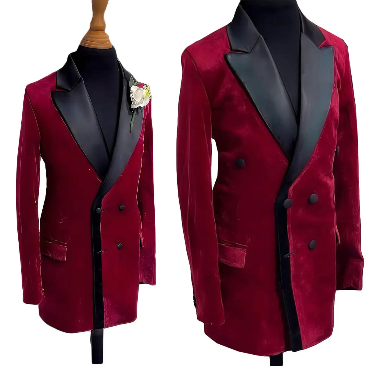 

Red Velvet Mens Wedding Tuxedos Peaked Lapel Double Breasted Jacket Blazer One Piece Birthday Party Prom Formal Groom Wear Coat