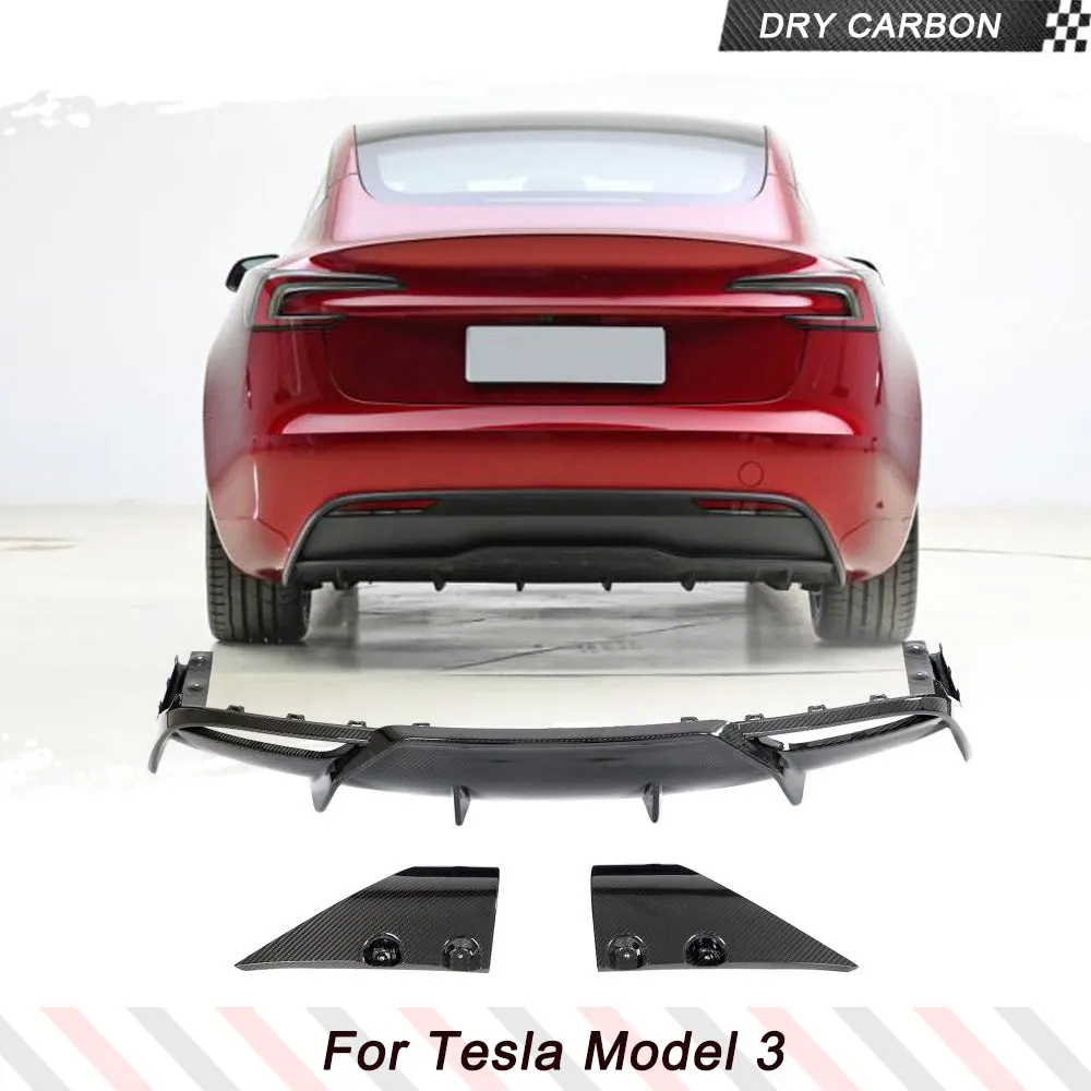 

Prepreg Dry Carbon Car Rear Bumper Diffuser Body Kits For Tesla Model 3 2023 Car Rear Spoiler Apron With Splitters Protector