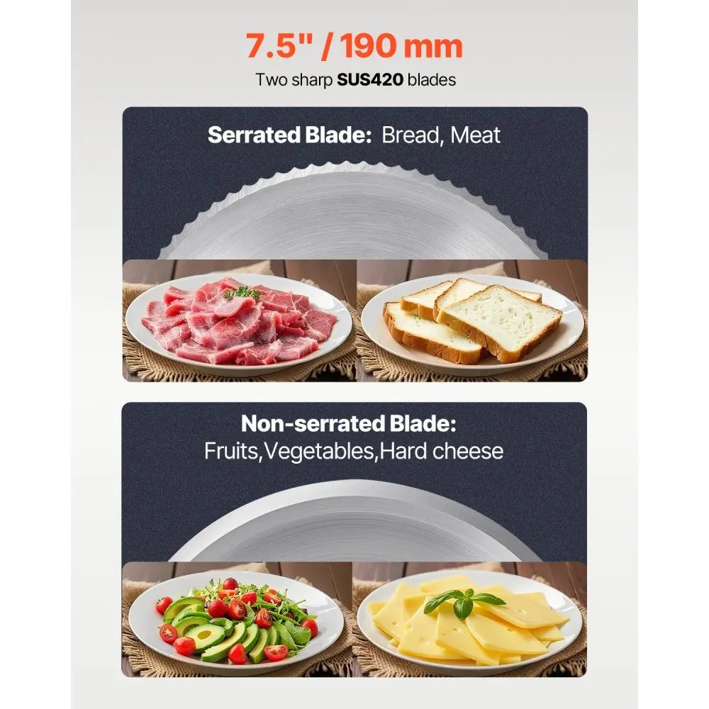 قطاعة لحم VEVOR، قطاعة طعام ديلي كهربائية 7.5 بوصة، قطاعة لحم 180 وات مع ماكينة تقطيع الطعام بشفرتين SUS420 الفاخرة