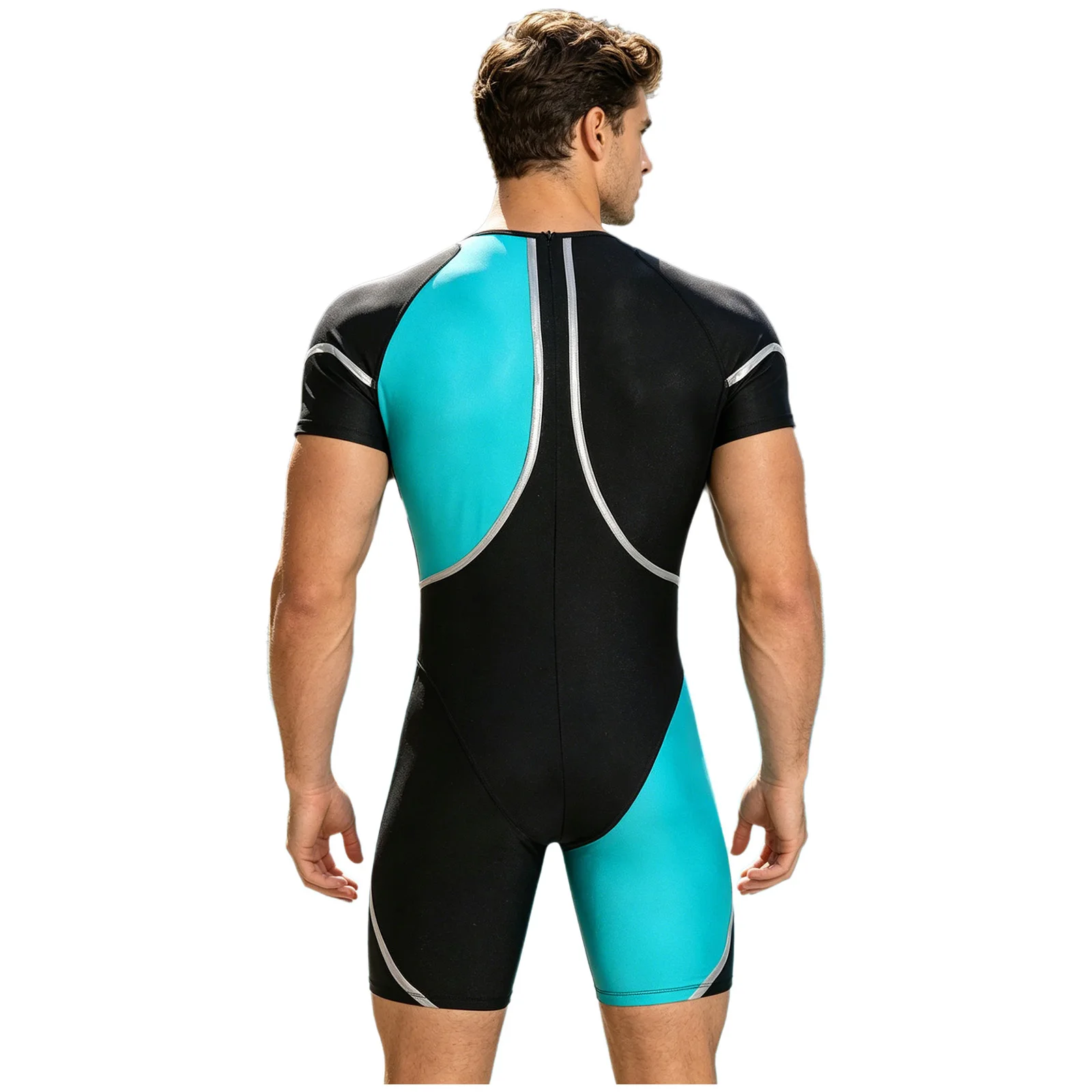 Mens One-piece Swimsuit Swimwear Beachwear Swim Leotard Short Sleeve Metallic Trim Color Blocking Jumpsuit Thigh Length Bodysuit