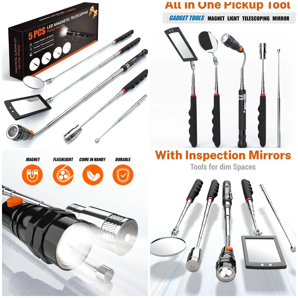

Набор телескопических магнитных инструментов с палочками 1 и 15 фунтов, регулируемым зеркалом, светодиодным фонариком — подарок для мужчин