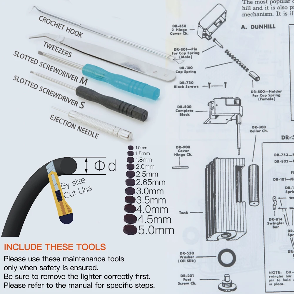 Lighter Burner O-Ring Repair kit with 10 Types Rubber Seals, and Dismantling Devices for ST Dupont Ligne Gatsby BR Dunhill Light