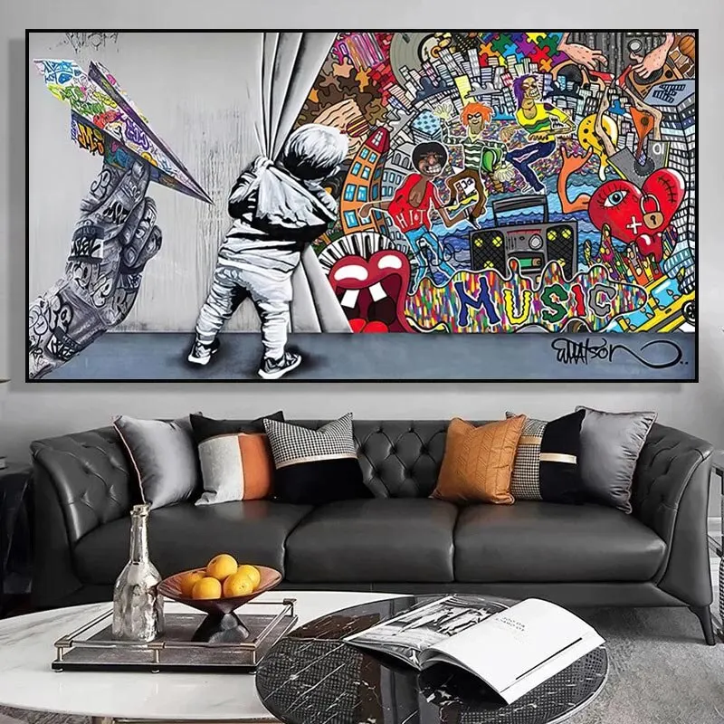 Abstract Graffiti Street Art Boy Pull Curtain Canvas Wall Art Poster  Modern Decorative Painting for Home Decor