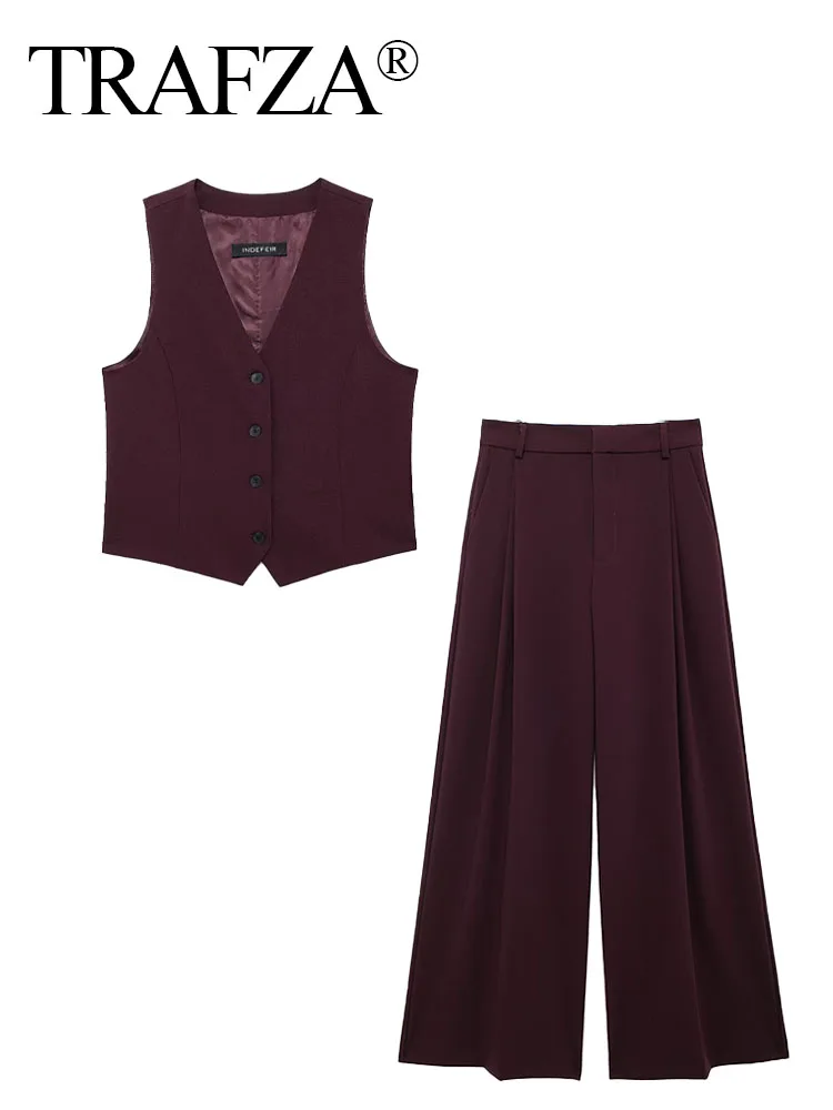 TRAFZA Autumn Suits Woman Trendy Wine Red V-Neck Sleeveless Buttons Single Breasted Tops+High Waist Zipper Wide Leg Pants