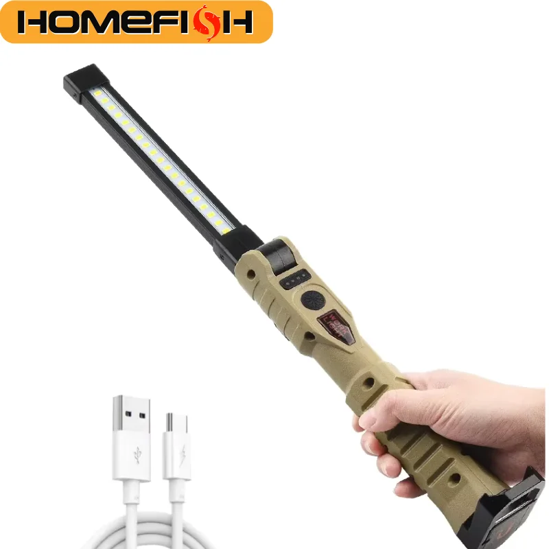 HOMEFISH Folding COB XPE LED Work Light USB Rechargeable Magnetic Base & Hook Emergency Inspection Lamp with Red SOS Flashlight