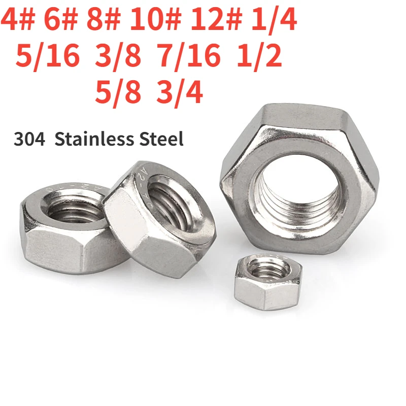 Anglo-American  Standard Nuts 1/4 5/16 3/8 7/16 1/2 5/8 3/4 4# 6# 8# 10# 12# 304 Stainless Steel Hex Hexagon Nuts