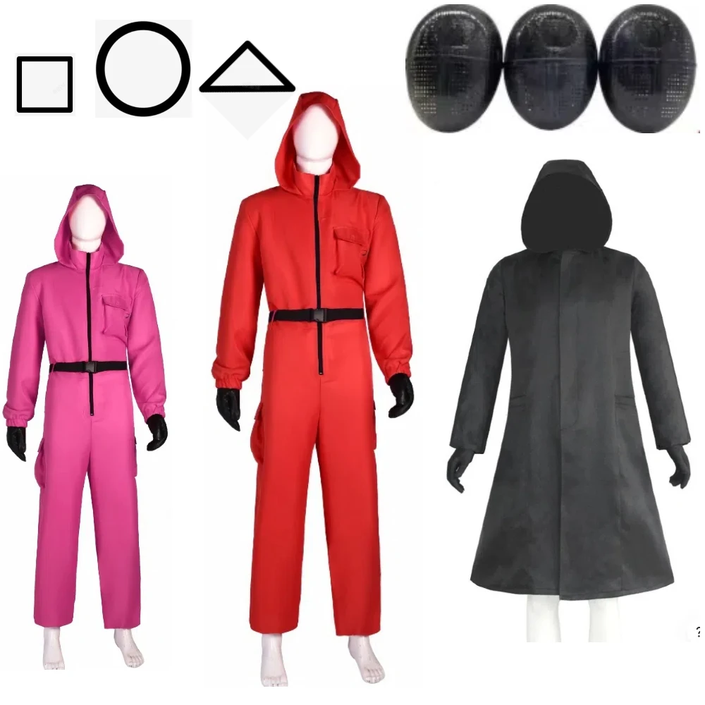 

Movie Calamari Game Costume Guard Cosplay Jumpsuit Outfit Teenager Tracksuit Hooded Belt Halloween Calamari Game Gloves Mask Set