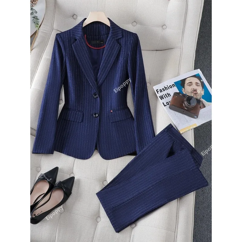 2024 New Blue Black Stripe Ladies Formal Pant Suit 2 Piece Set Women Female Business Work Wear Jacket Blazer and Trouser