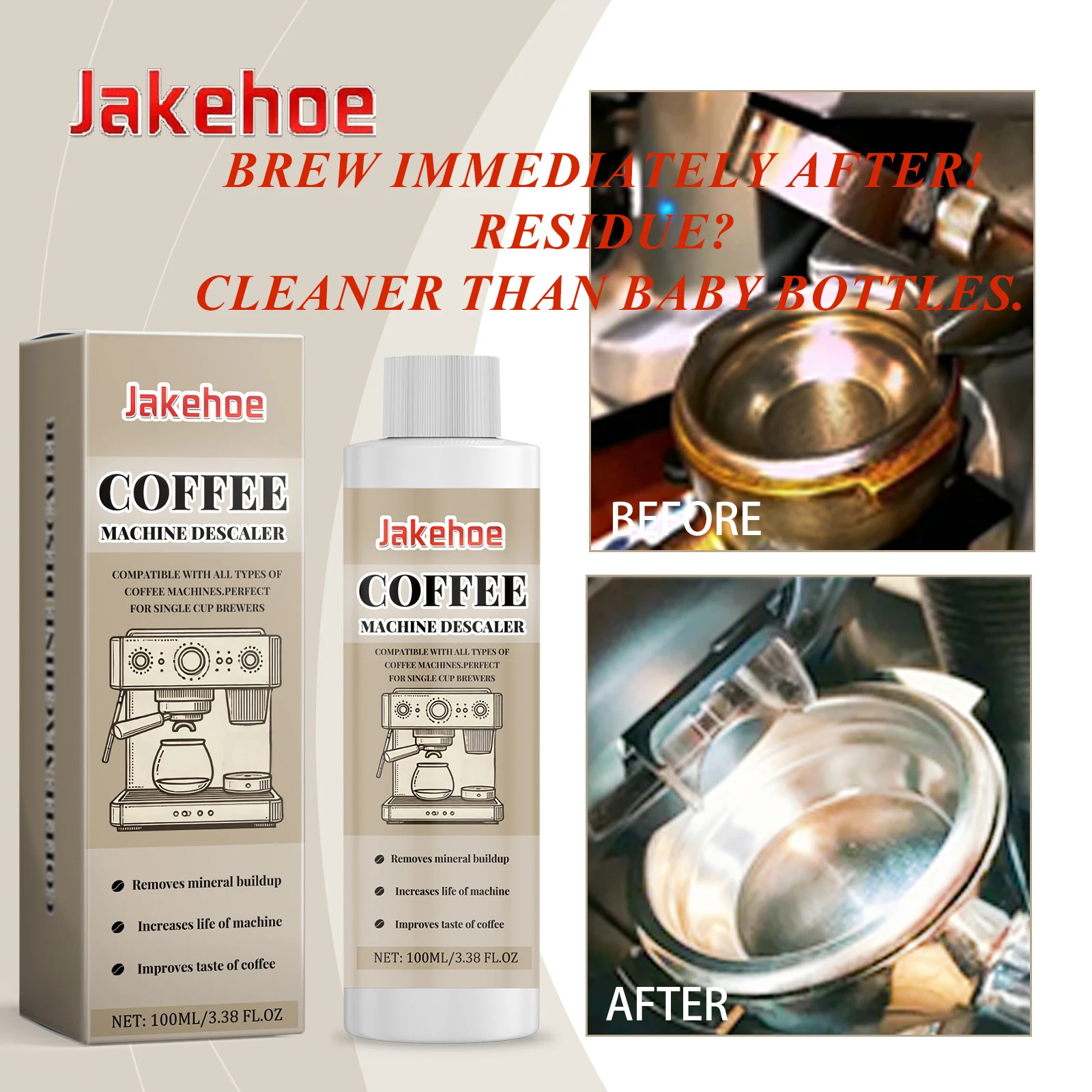 Jakehoe 100ml Universal Coffee Machine Descaler Cleaner Fast Acting DeCalcifier for Espresso Tank Cleaning Eco Safe Formula