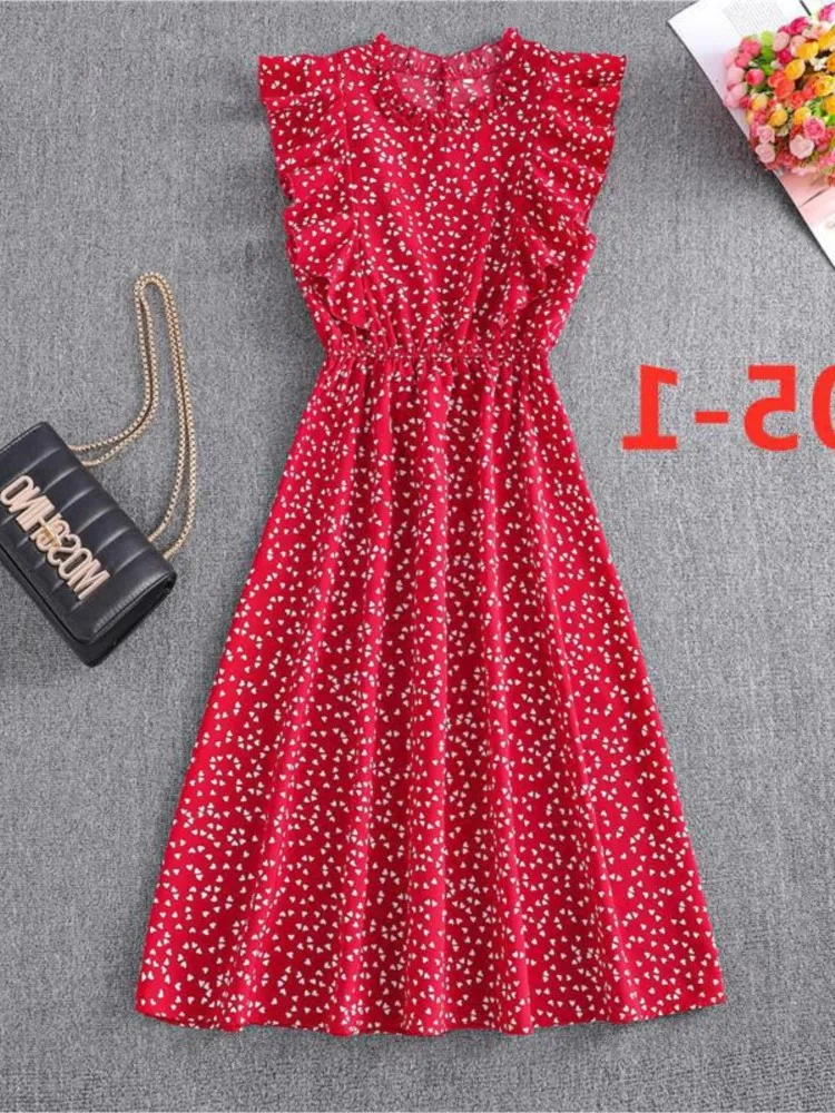 

Elegant Polka Dot Print Chic Dress 2026 Summer New Women Fashion Butterfly Sleeve Ruffled Mid-Length Chiffon Dress Female