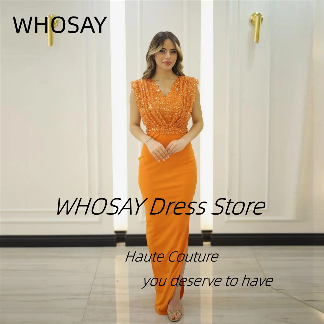 WHOSAY Sequins Top Prom Dresses V Neck Ruched Sleeveless Bridesmaid Dress for Weddings Side Slit Long Evening Party Gowns