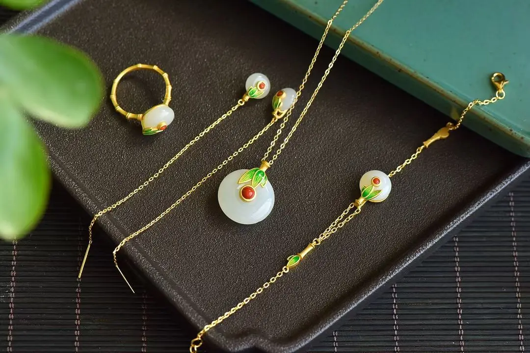 

Certificated Natural Nephrite Peace Button Jewelry Set 925 Silver Real Hetian White Jade Bamboo Earring/Bracelet/Ring/Necklace