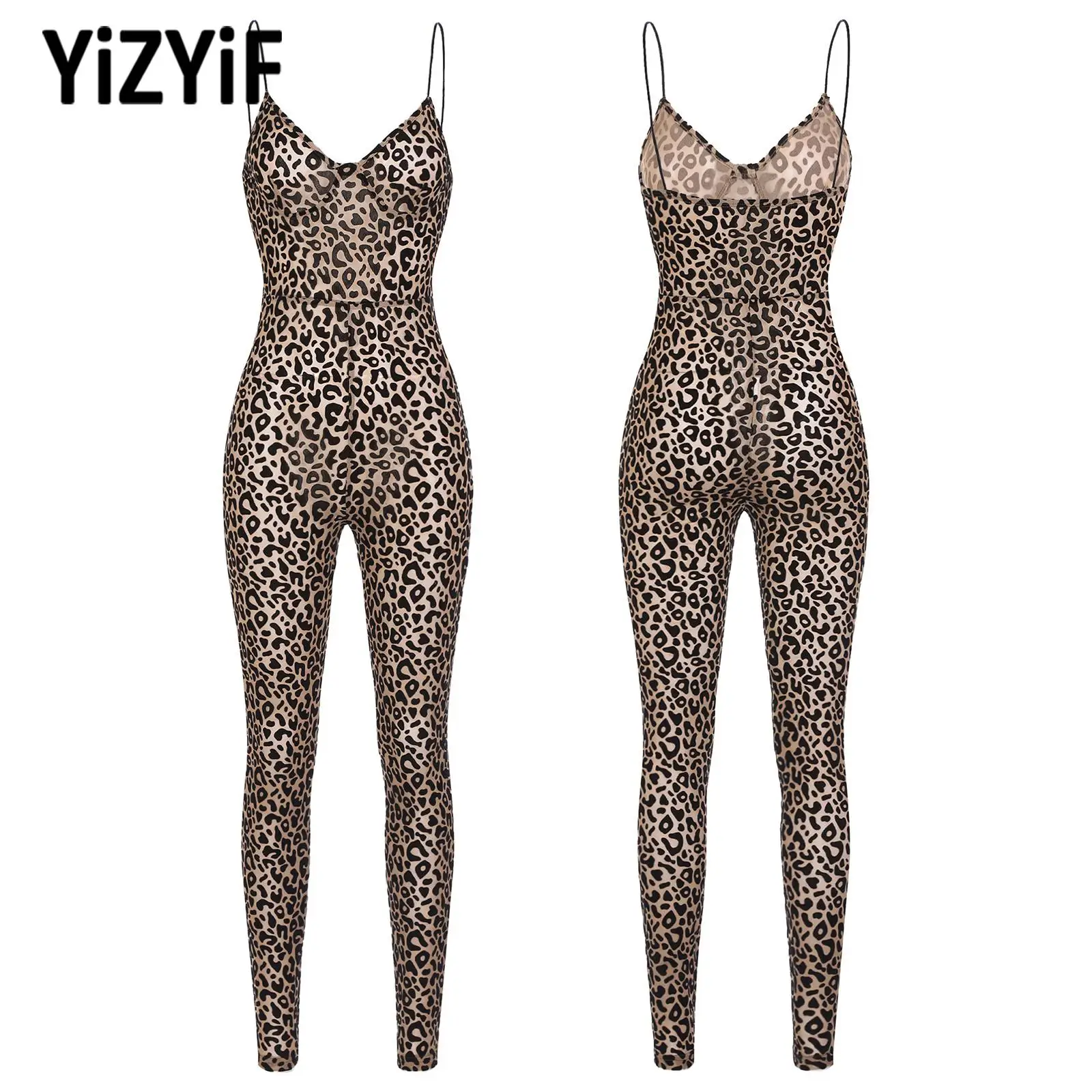 Traje deportivo caqui para correr para mujer, mono de danza moderna con tirantes finos, cuello en V profundo, mono de cintura alta de leopardo, ropa Sexy para discoteca