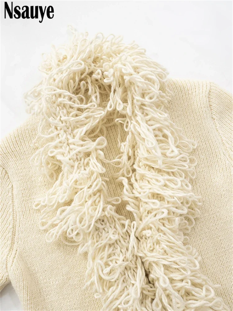 Nsauye Women Warm Tassel Sweater Jacket Tops 2024 Casual Mini Fashion Sexy Club Knitted Y2K Streetwear Cardigans Winter Coat