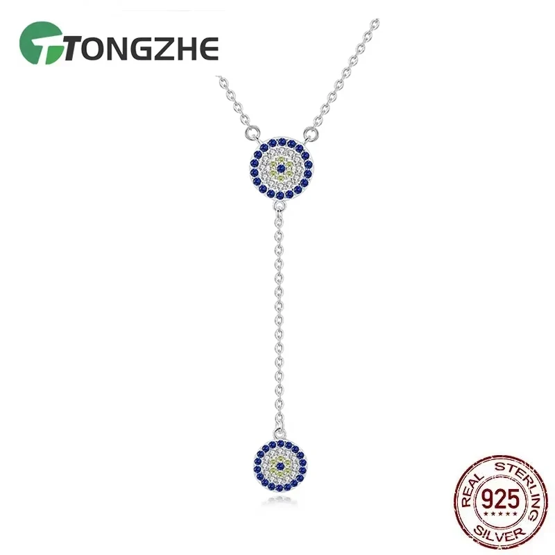 

Ожерелье TONGZHE из стерлингового серебра 925 пробы с подвеской в виде глаза-оберега, женское, круглое, с синим цирконом, длинное, модное ювелирное украшение