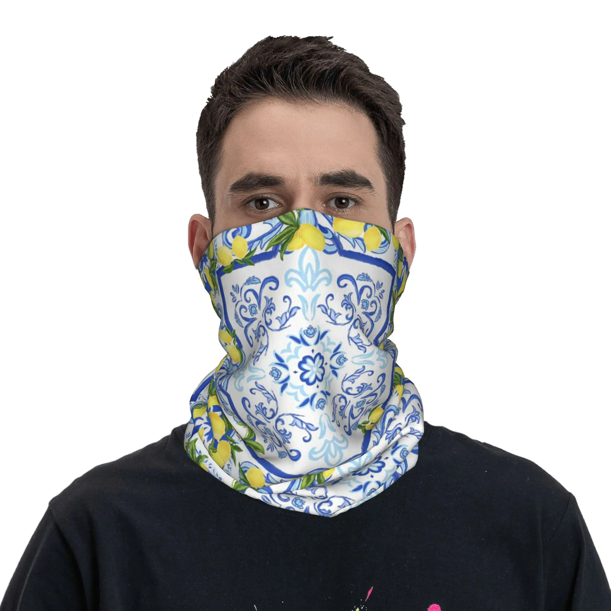 Mediterranean  Tiles Italian Oranges Lemons And Citrus Fruit Bandana Neck Cover Printed Face Scarf Headband Hiking Fishing