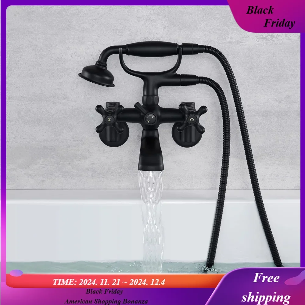 

Clawfoot Tub Faucet Wall Mount Tub Filler Black Vintage Bathtub Faucets Brass with Telephone Shaped Handheld Shower