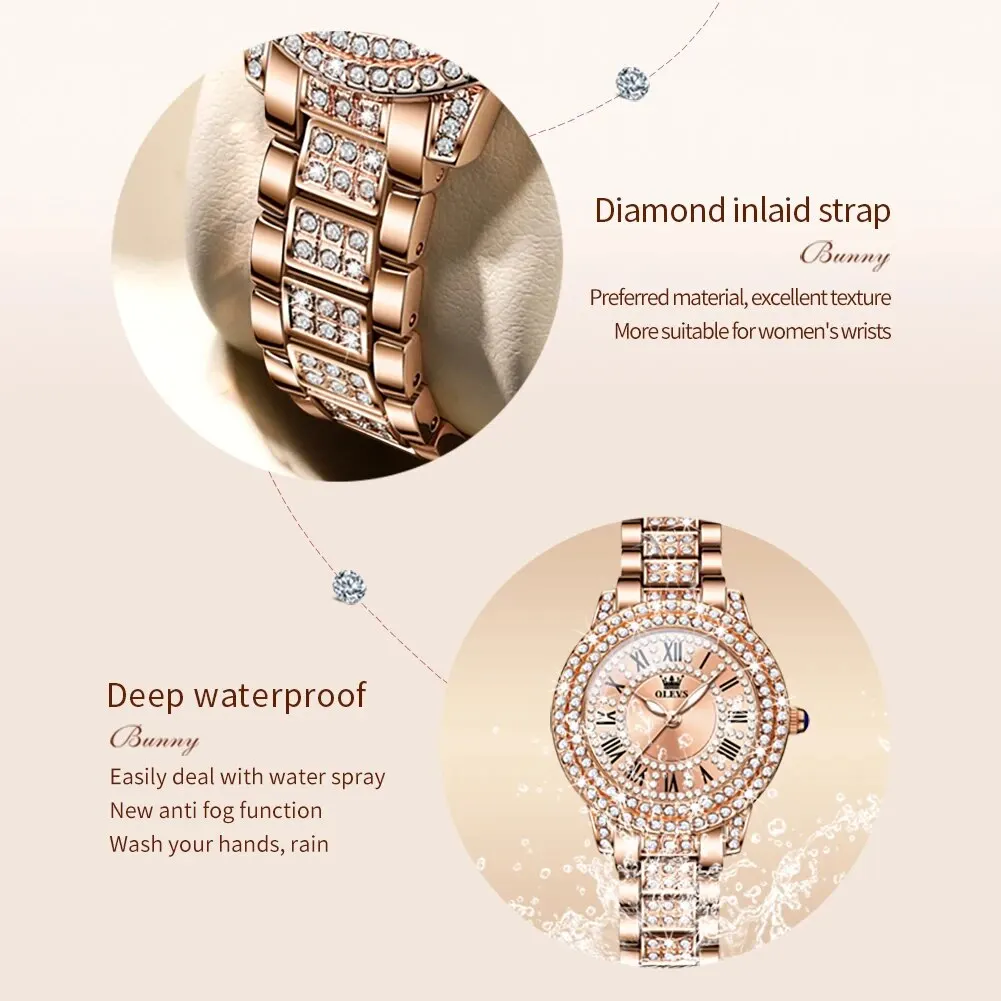 OLEVS 9943 Luxury All Diamond Original Quartz Watch for Women Elegant Rose Gold Stainless Steel Waterproof Ladies Wrist Watches