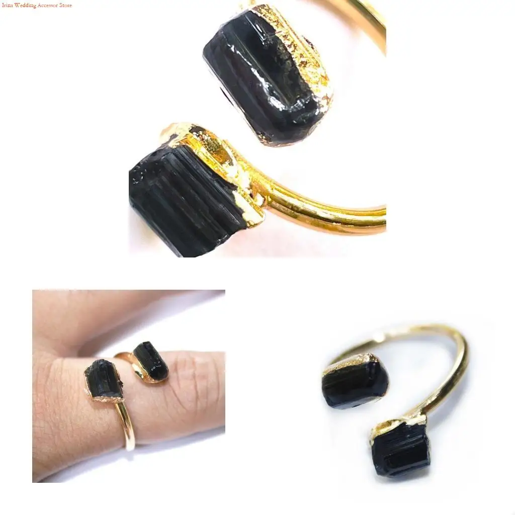 G92D Natural Black Tourmaline Adjustable Finger Ring with Gold Plated Perfect October Birthstone Gift for Her Jewelry