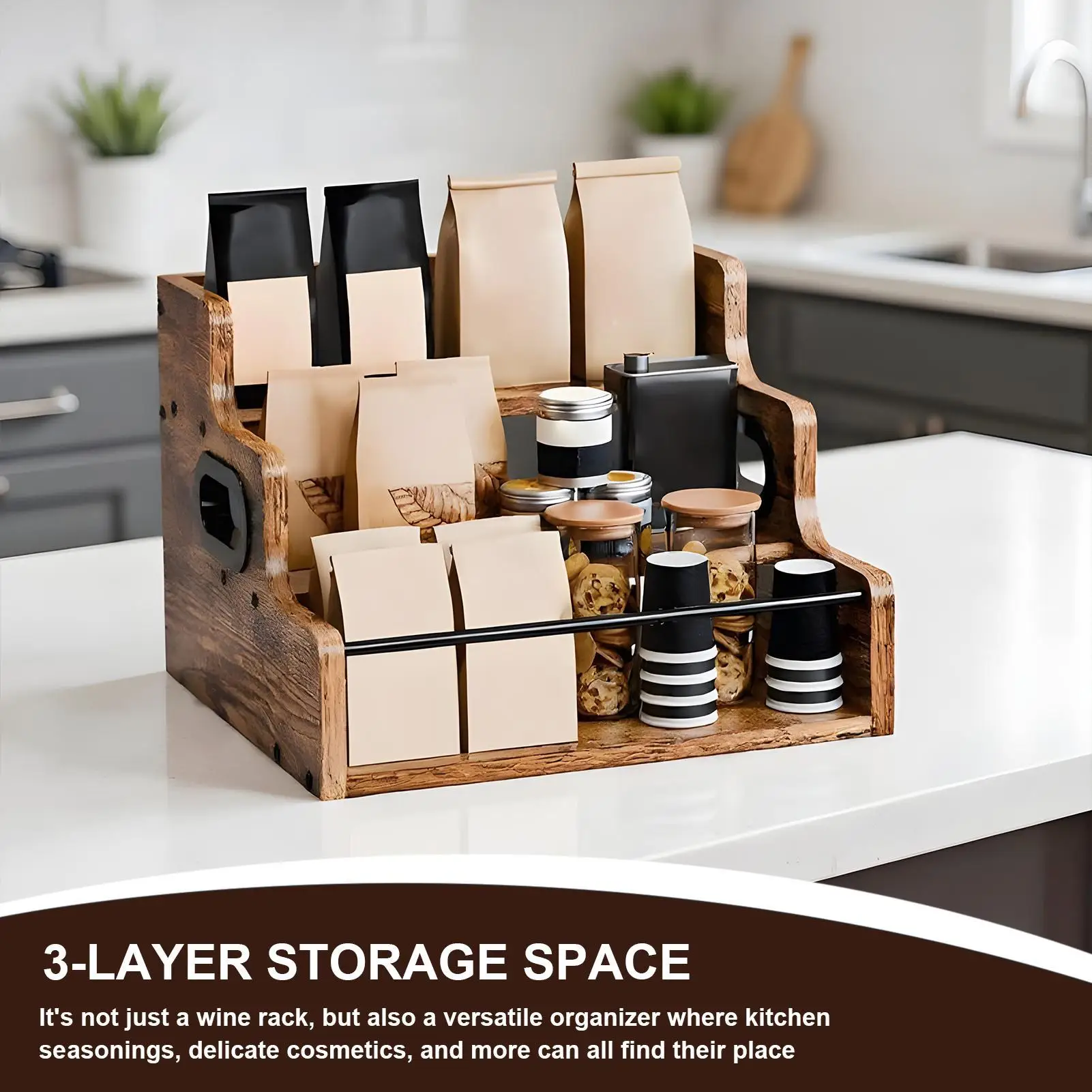 

Liquor Shelf Coffee Syrup Rack Organizer 3-Tier Wood Vintage Wine Bottle Organizer For Enthusiasts Collectors Homeowners Kitchen