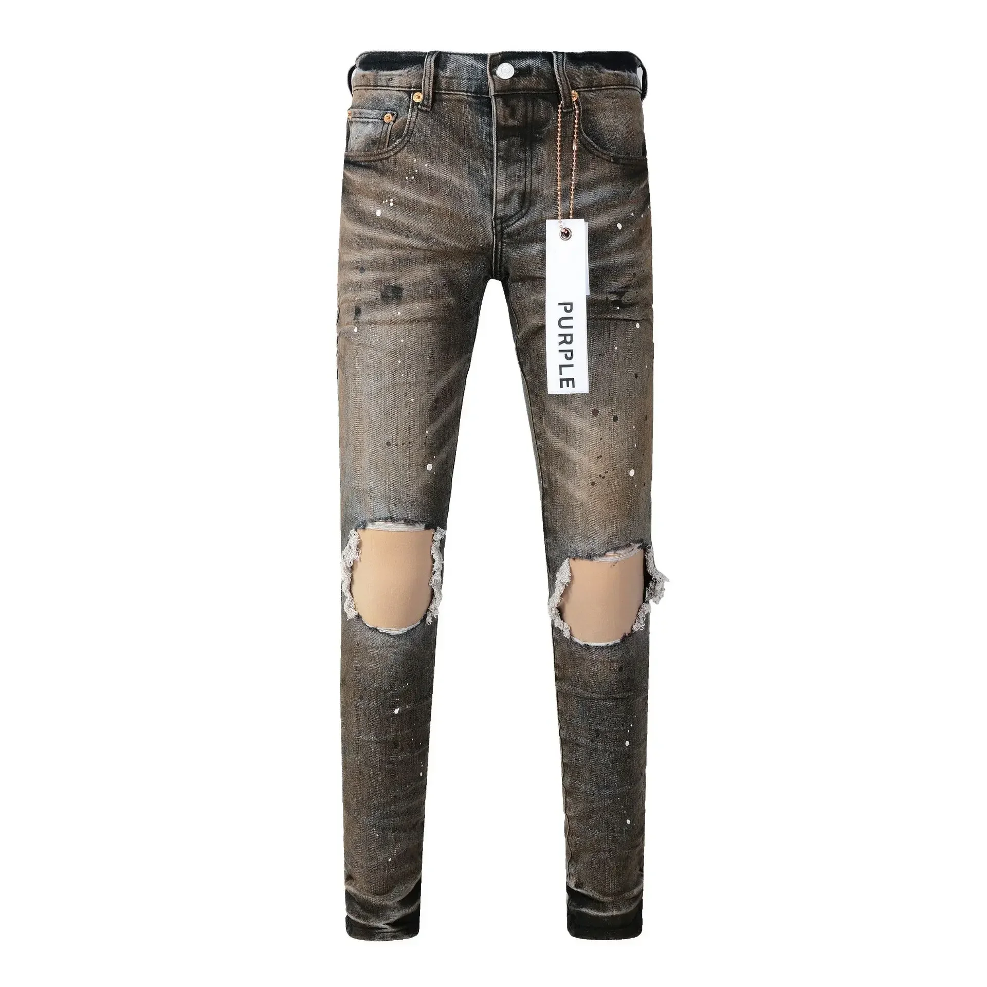 2024 New Purple Brand jeans with high street distressed dual tone wash Repair Low Rise Skinny Denim pants