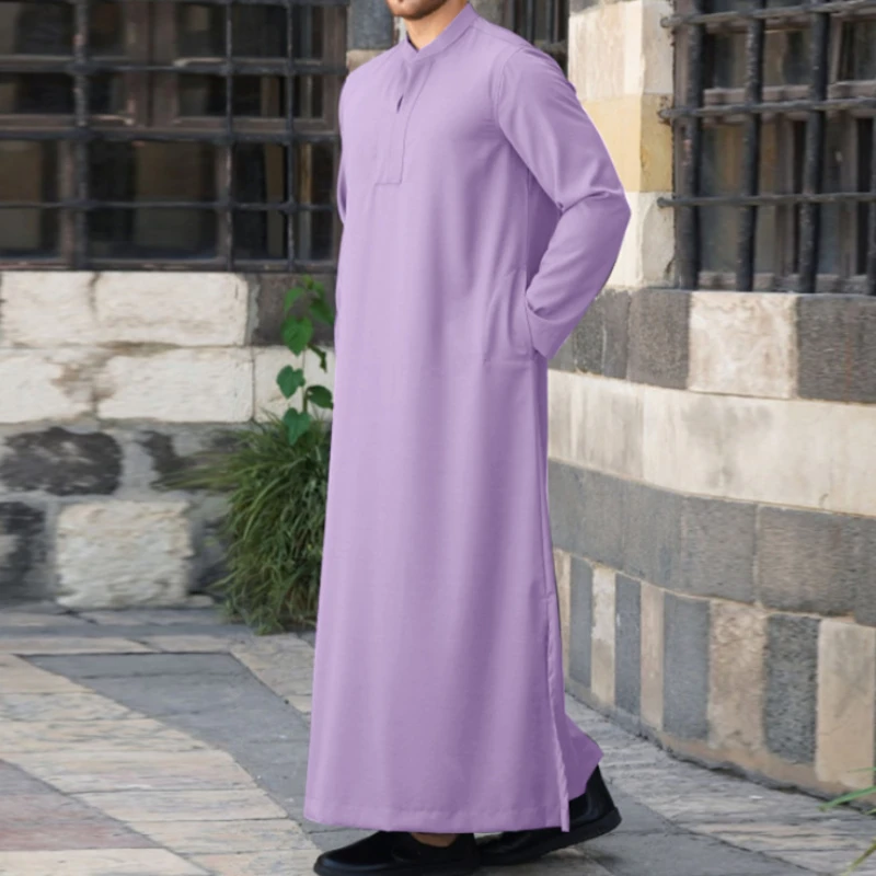 Men Muslim Shirt Robe Stand Collar Long Sleeve Islamic Arab Kaftan Streetwear Saudi Arab Thobe Indian Dress Robes Blouse