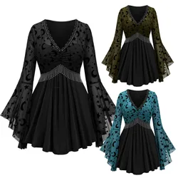 Plus Size Women V-Neck Tops Moon Star Printed Mesh Panel Bell Sleeves Ruched Chain Tassel Patchwork T-shirt Multi Colors