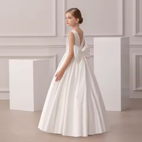 Girls Elegant Dress White Wedding Bridesmaid Prom Gown Big Bow Girls Party Dress Kids First Communion Formal Evening Vestidos