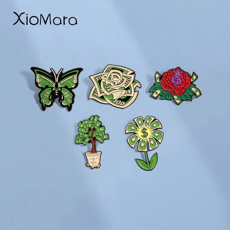 US Dollar Rose Enamel Pins Custom Creative Flowers Money Tree Brooches Lapel Badges Clothes Funny Jewelry Gift for Friends