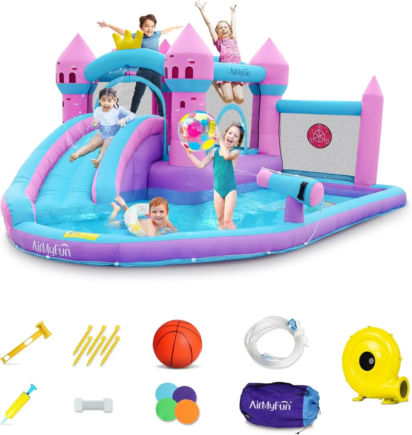 Pink Inflatable Waterslide, Water Bounce House for Big Kids 3-12 in The Backyard- Water Bouncy House for Wet and Dry, S