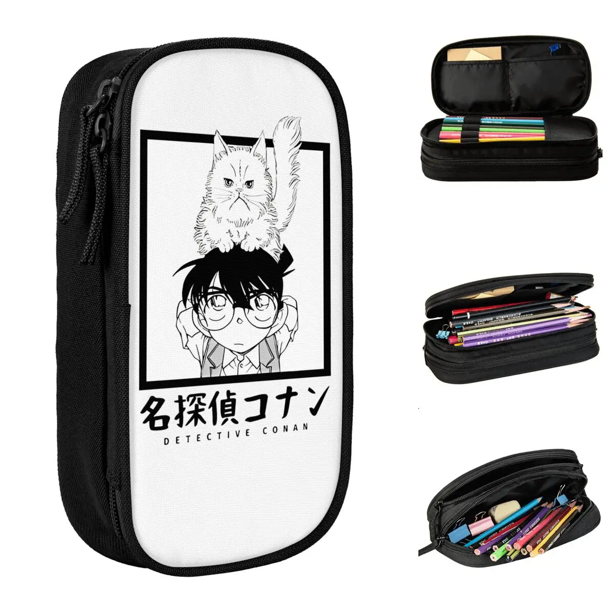 detective conan e cat pencil cases lapis cases pen box criancas grande capacidade bolsa office zipper papelaria moda 01