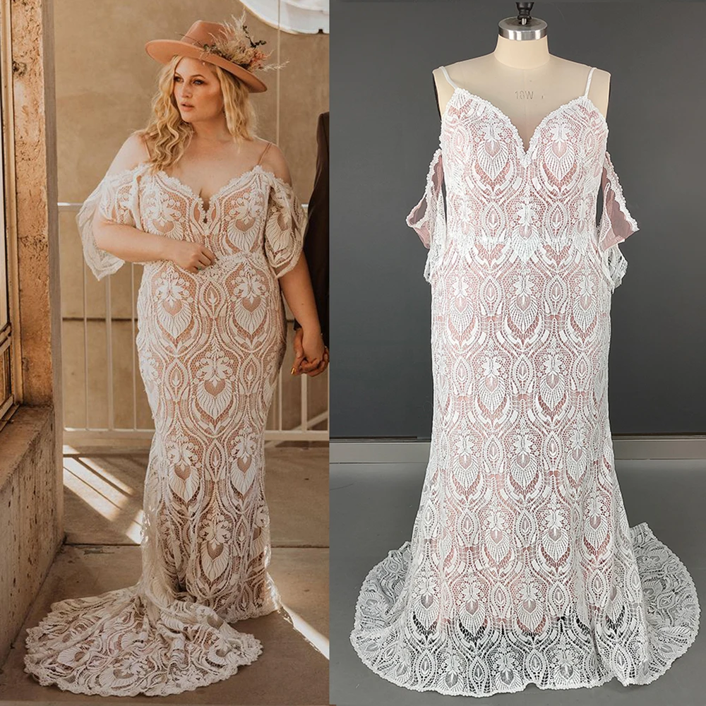 Sweetheart Spaghetti Strap Lace Boho weselny strój na zamówienie duże rozmiary Backless wyciąć szerokie rękawy rustykalne suknie ślubne