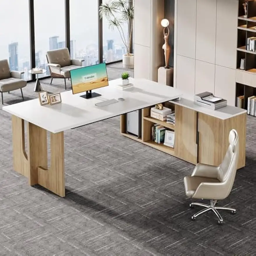 

74.8" Executive Desk, Large Office Desk with Cabinet, L Shaped Computer Desk , Modern Home Business Furniture,White and Wood