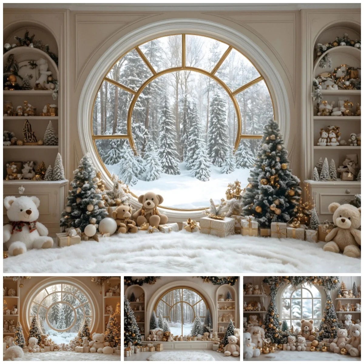 White Gold Christmas Window photography backdrop Snowy Tree Teddy Bear Gift Baby Xmas Portrait Photo Booth Background Props