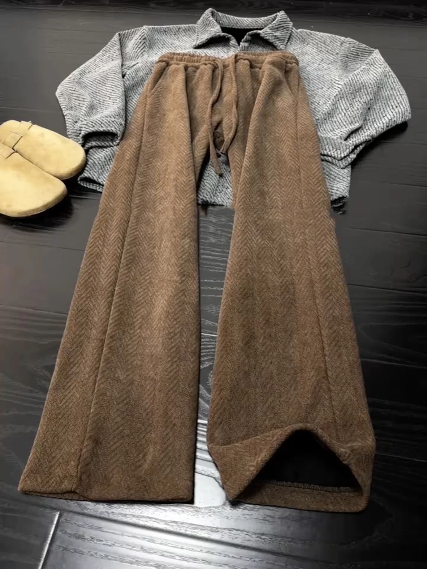 

American Sle Fce Lined Loose Straight Leg Pants Men's Autumn Winter Faion Brand Heavy Knitted Casual Long Trousers