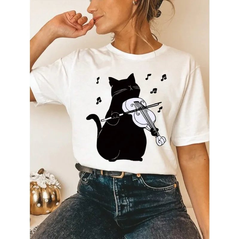Maycaur-Camiseta de pata bonita para mujerTop con estampado de gato jugando al violín Harajuku Punkcamiseta de manga