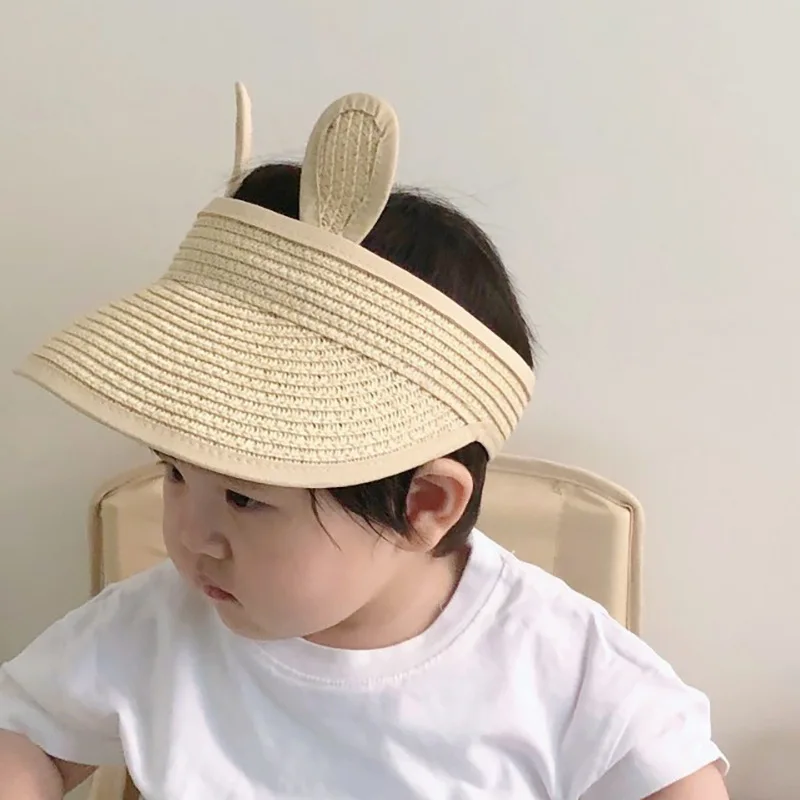 Sombrero de paja con orejas de conejo para niños, gorros plegables, visera de protección ajustable para exteriores, 1, 2, 3 y 4 años