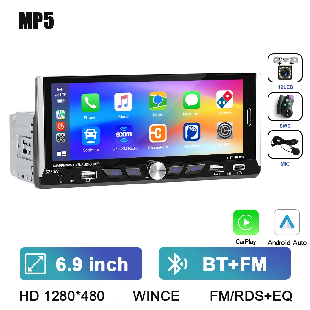 Podofo 6.9 "1Din Autospeler Draadloze CarPlay Android Radio Auto Multimedia Speler FM Radio Ontvanger Achteruitrijcamera autoradio