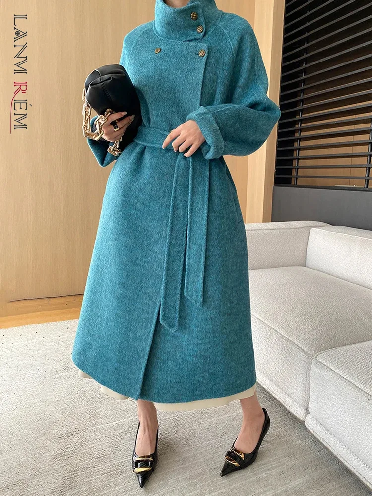 

[LANMREM] Belt Gathered 100% Wool Coats For Women Lapel Double Breasted Elegant Female Warm Outwear 2024 Winter New 26C594