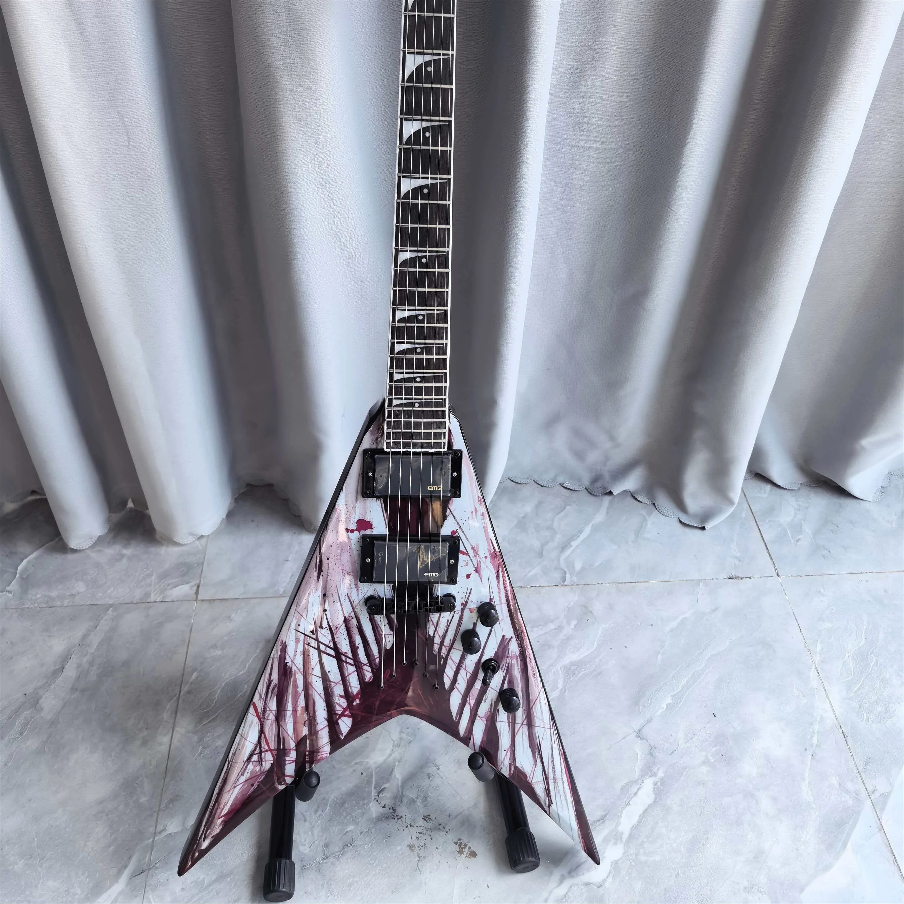Electric Guitar Shattered Blood Angel Wing  Heavy Metal Signature Shark Fin Crescent Inlay 24 Frets Mahogany Body